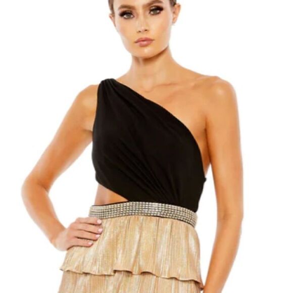 Mac Duggal NWT One-Shoulder Cutout Ruffle Tiered Gown Black/Gold Size 8 - Picture 9 of 13